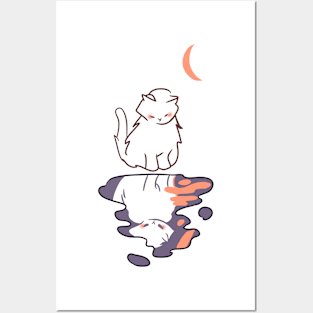 white cat looking down at its own reflection from moonlight Posters and Art